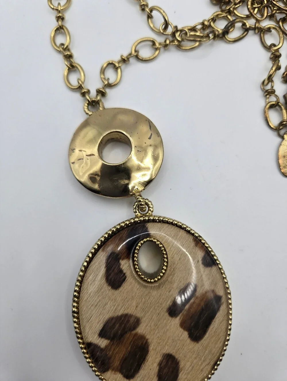 Chico's Goldtone Chain Reversible Leopard Animal Print Tiger's Eye Pendant READ*